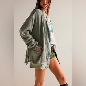 Free People FP One Lupo Bomber Cardi Waffle Thermal Knit Sweatshirt Cardigan